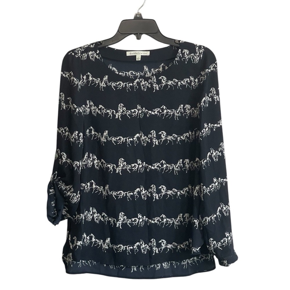 Daniel Rainn Small Top Equestrian All Over Horse Print Navy Lightweight Sheer
